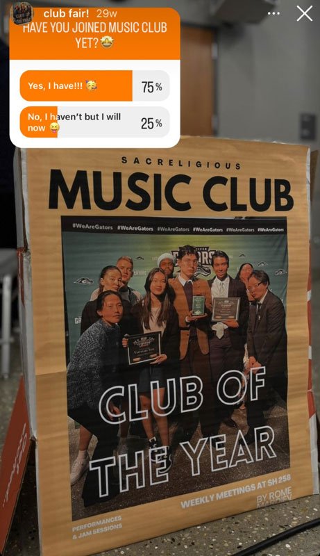 Instagram poll showing 75% joined Music Club